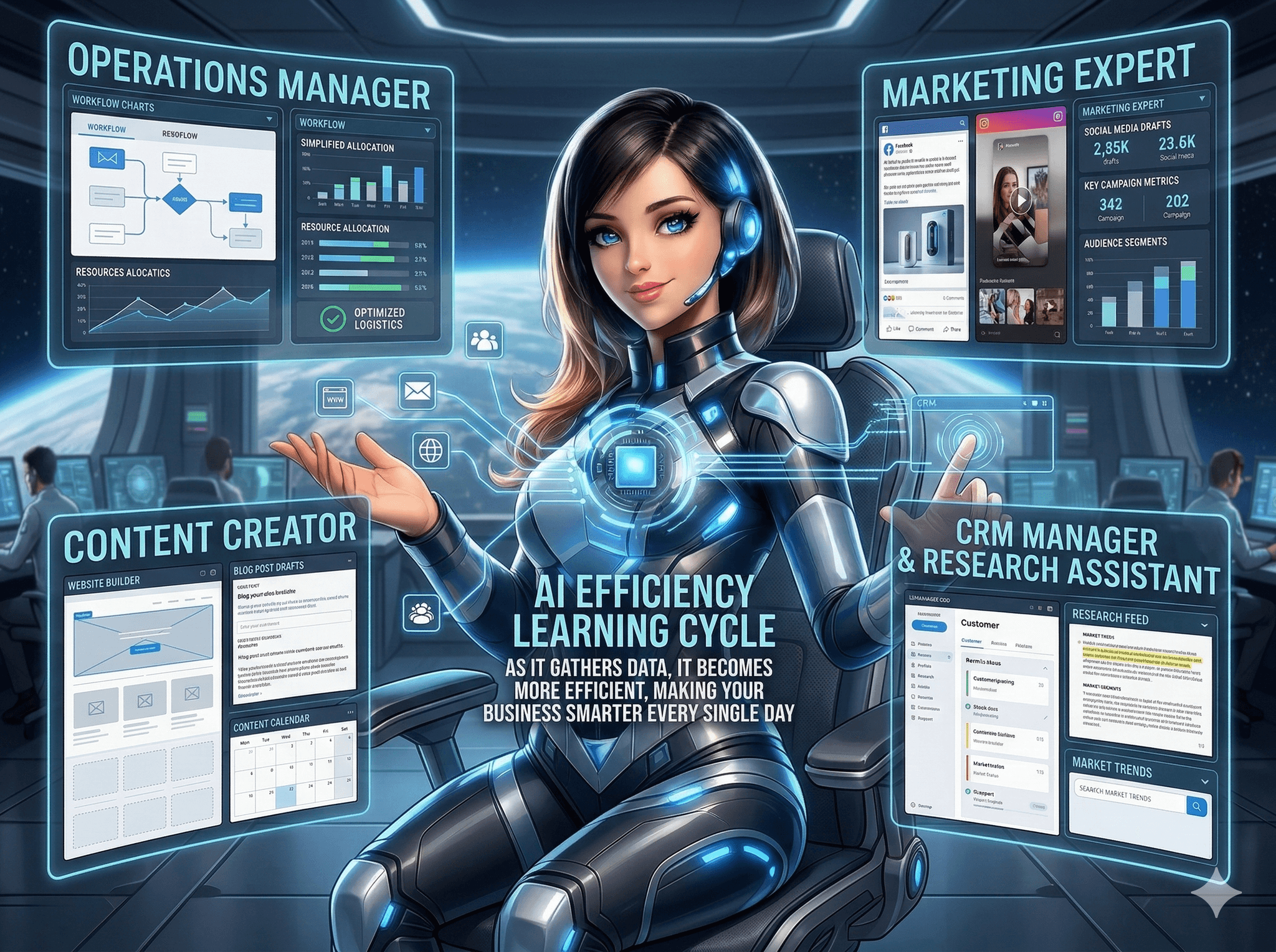 An AI assistant operating a small-business dashboard across multiple screens, demonstrating the all-in-one operations + marketing + content + CRM role