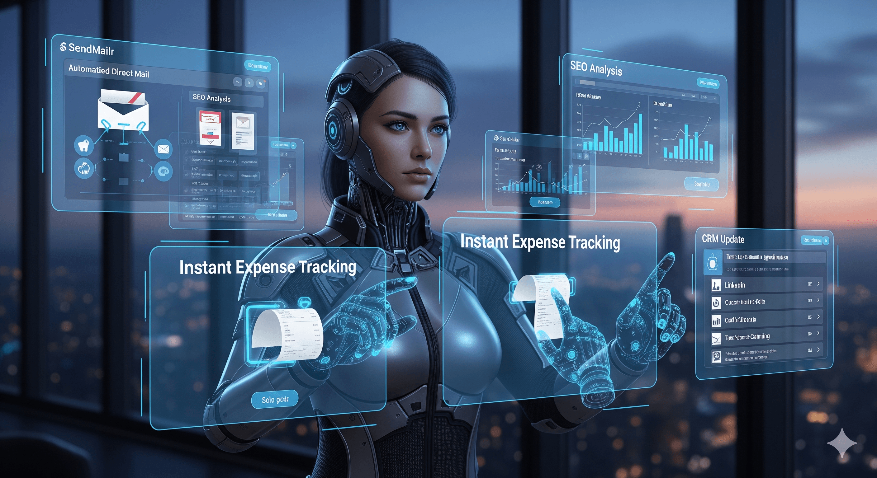 An AI assistant running multiple business workflows simultaneously: social posts, website builder, research portal, email client, and a permit database