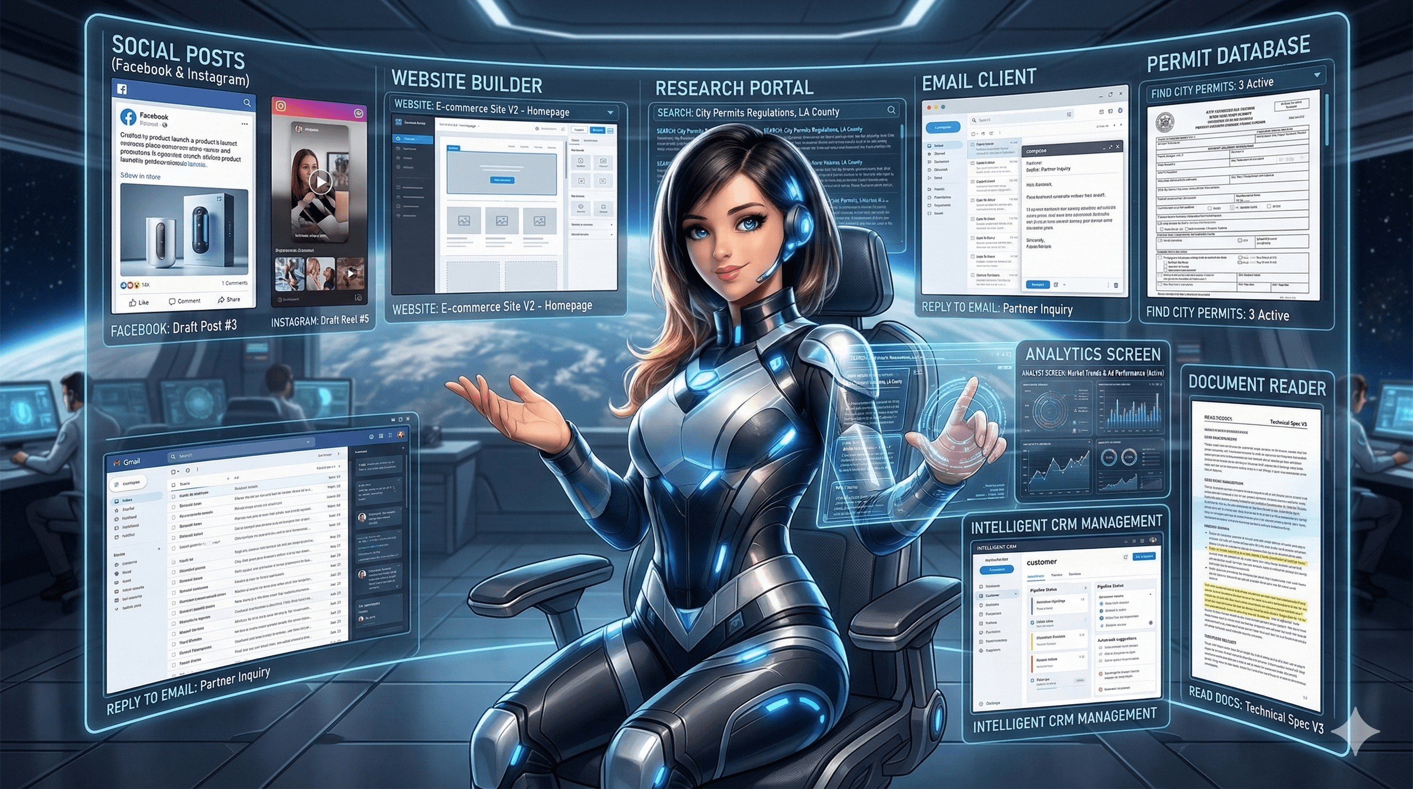 A futuristic AI assistant running social posts, a website builder, research, email replies, and analytics in parallel for a small business owner